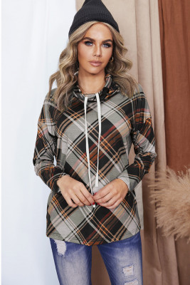 Gray Color Block Plaid Cowl Neck Long Sleeve Top