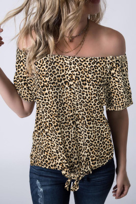 Off-the-shoulder Short Sleeves Leopard Top