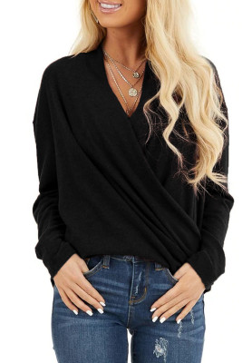Black V-Neck Wrap Front Irregular Twist Hem Long Sleeve Top