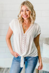 White V Neck Lace Patchwork Tee with Knot