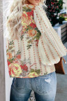 Apricot Crewneck Floral Printed Balloon Sleeves Blouse