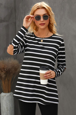 Black Stripe Elbow Patch Button Back Tunic Top