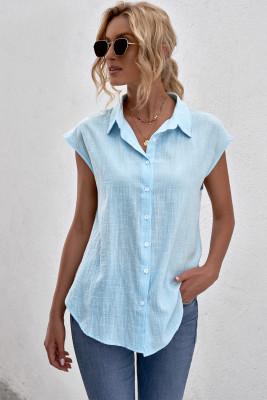 Sky Blue Turn-down Collar Button Front Tank