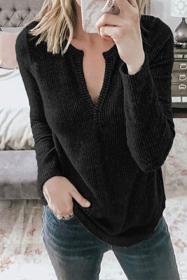 Black V Neck Cotton Blend Long Sleeve Top