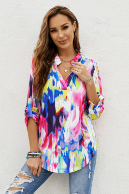 Multicolor Tie Dye Button Tab-Sleeve V-Neck Blouse