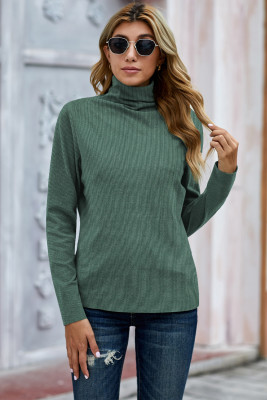 Green Plain Turtleneck Ribbed Long Sleeve Top