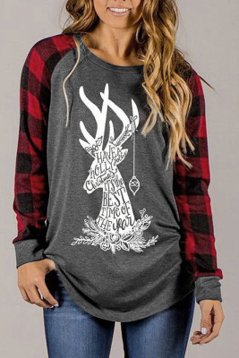 Red Crew Neck Christmas Reindeer Print Plaid Tunic Top