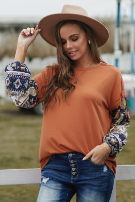 Brown Boho Floral Print Balloon Sleeve Top with Lace Details