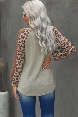 Mocha Leopard Print Waffle Knit Long Sleeve Top