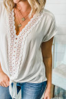 White V Neck Lace Patchwork Tee with Knot