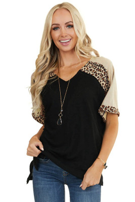 Leopard Print Color Block Sleeves Patchwork Tunic Top