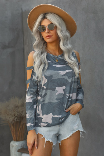 Gray Camouflage Shoulder To Hollow Out Long Sleeve Top