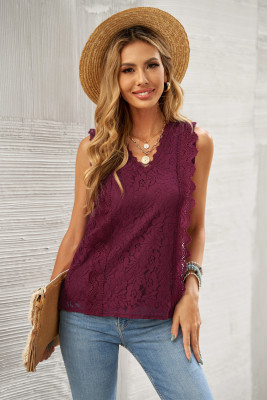 Wine Red Lace V Neck Tank Top