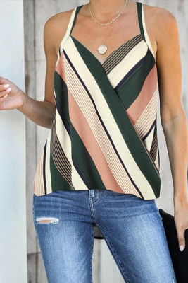 Apricot Wrap V Neck Striped Draped Tank