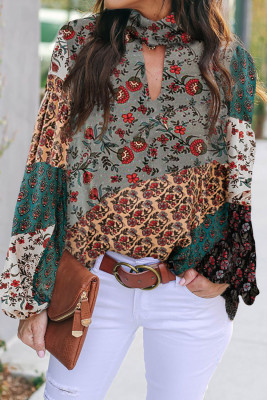 Multicolor Keyhole Mix Print Mock Neck Blouse