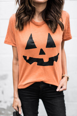 Round Neck Short Sleeve Pumpkin Pattern Orange T-shirt