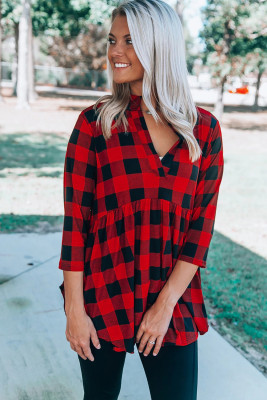 Red 3/4 Sleeve Split Neck Flowy Tunic Top