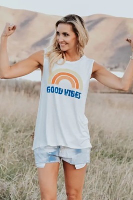 White Good Vibes O-Neck Rainbow Tank