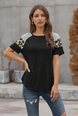 Black Striped Leopard Print Short Sleeve Women T-shirt