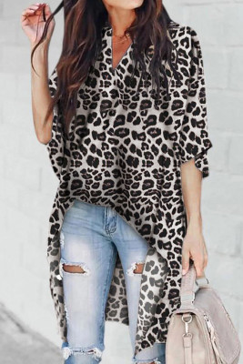Gray V-Collar Irregular Leopard Print Blouse