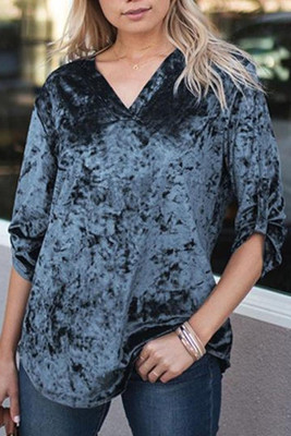 Blue V Neck Roll-tab Sleeve Velvet Top