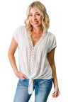 White V Neck Lace Patchwork Tee with Knot