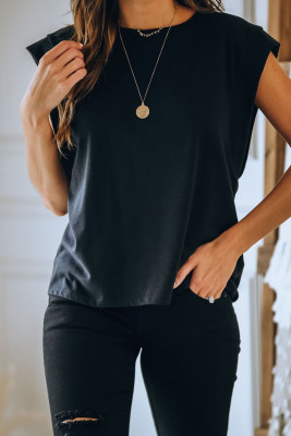 Black Cotton Blend Round Neck Tee