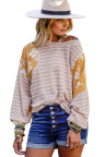 Yellow Striped Floral Splicing Lantern Sleeve Top