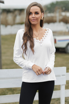 White Deep V-neck Eyelash Lace Trim Top