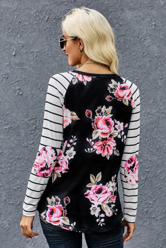 Floral Striped Elbow Patch Baseball Long Sleeve Top