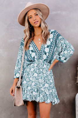 Green V Neck 3/4 Sleeve Bohemian Vintage Print Mini Dress
