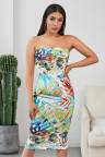 Yellow Tropical Print Tube Bodycon Dress