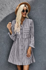 Gray Contrast Striped Buttoned Shirt Dress