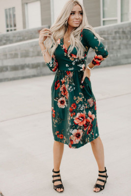 Green Floral 3/4 Sleeve Wrap Dress