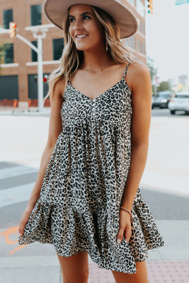 Button Detail Leopard Babydoll Dress