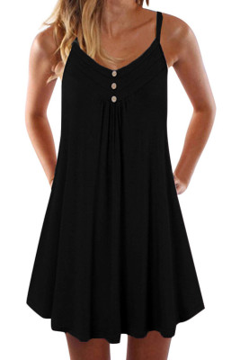 Black Spaghetti Strap Buttoned Shift Dress
