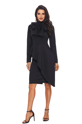 Black Asymmetric Peplum Style Pussy Bow Dress