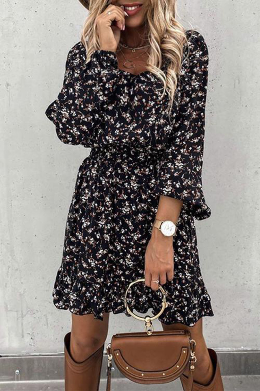 Black Elastic Waist Ruffled Floral Dress
