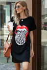 Black Lip Print Summer Casual Tee Mini Dress