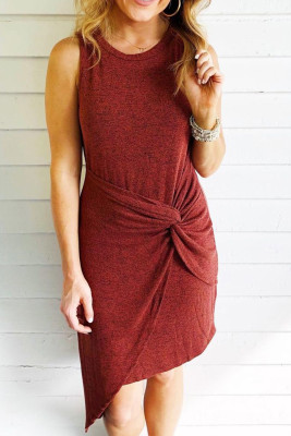 Wine Red Crew Neck Sleeveless Side Knot Irregular Hem Knitted Mini Dress