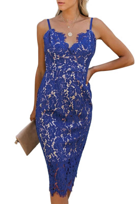 Blue Eyelash Lace Spaghetti Strap Midi Dress