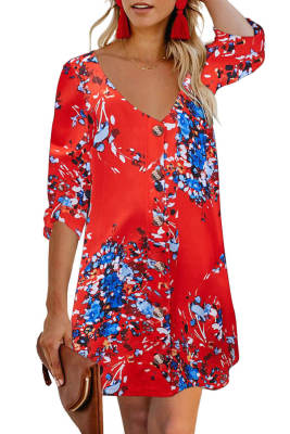 Orange V Neck 3/4 Roll Sleeve Button Down Floral Dress