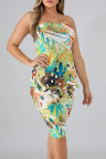 Yellow Tropical Print Tube Bodycon Dress
