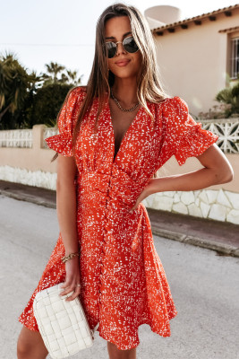 Ruffled Sleeve V-neck Floral Print Button Mini Dress
