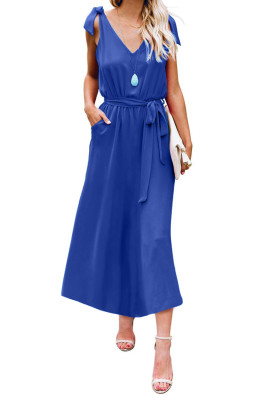 Blue Bowknot Shoulder Straps Jersey Dress with Belt