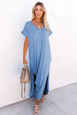 Sky Blue Loose Fit Cotton Blend V Neck Maxi Dress with Slits