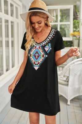Boho Ethnic Print Short Sleeve Mini Dress