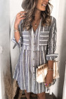 Gray Contrast Striped Buttoned Shirt Dress
