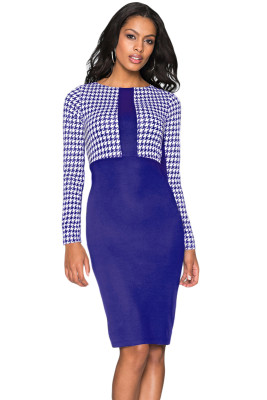 Cobalt Blue Houndstooth Patchwork Pencil Midi Dress