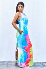 Multicolor Tie-dye Sleeveless Maxi Dress with Pockets